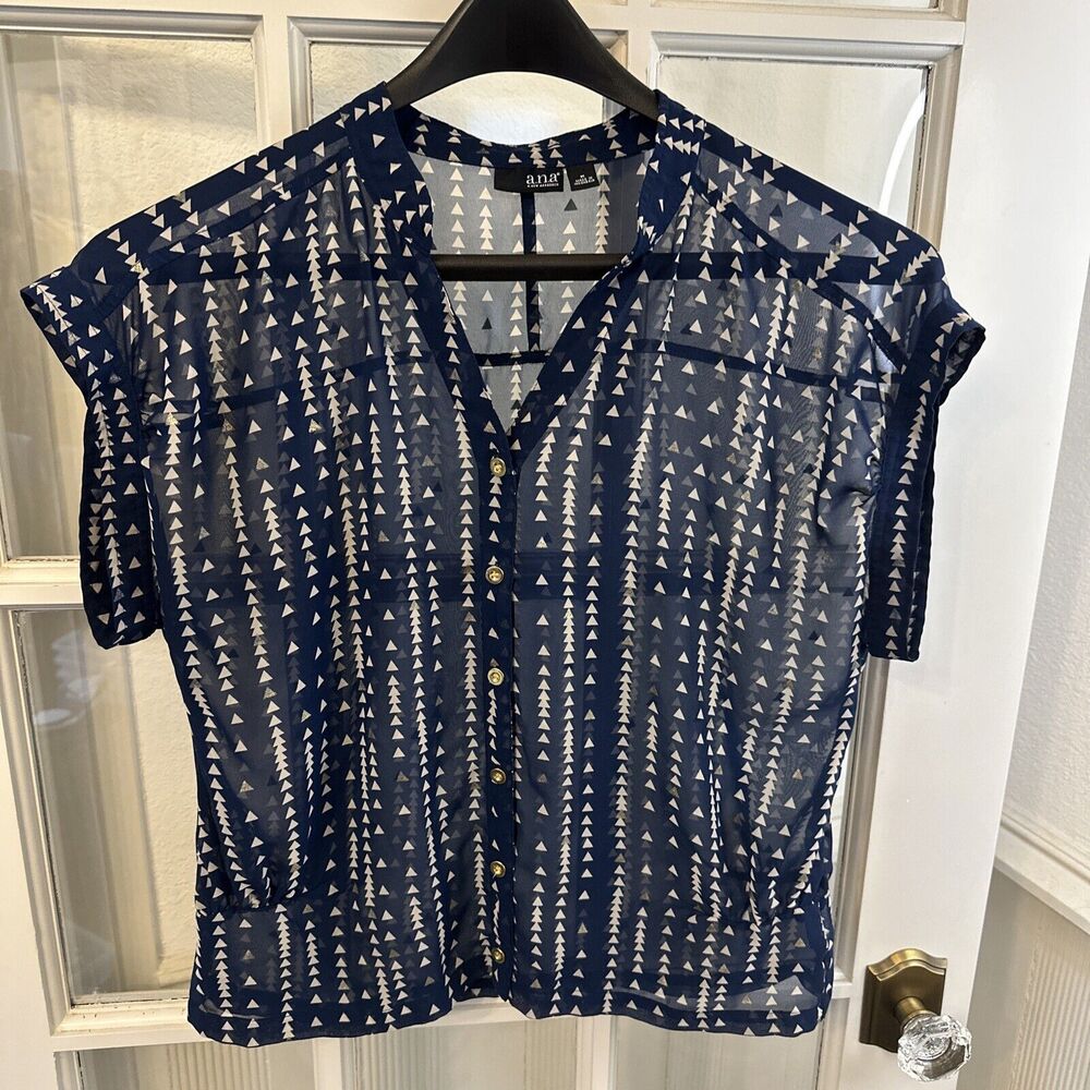 a.n.a Women's Blue Blouse Womens M Gold Accent Button Down